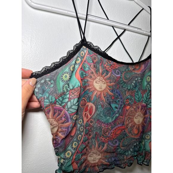 Romwe Celestial lace trim sheer strappy cropped tank top womens large whimsigoth - Picture 2 of 7